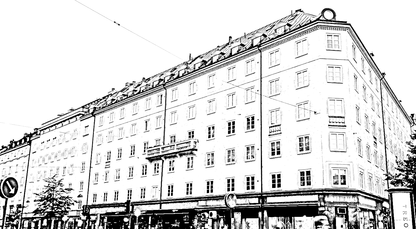 Svartvit skiss av fastigheten i hörnet S:t Eriksgatan och Tomtebogatan